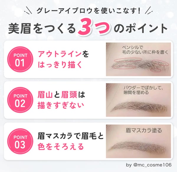 グレーアイブロウを使いこなす!美眉をつくる3つのポイント。アウトラインをはっきり描く。眉山と眉頭は描きすぎない。眉マスカラで眉毛と色をそろえる。