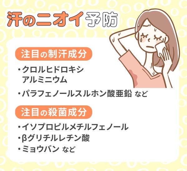 汗のニオイ予防。注目の制汗成分はクロルヒドロキシアルミニウム・パラフェノールスルホン酸亜鉛など。注目の殺菌成分はイソプロピルメチルフェノール・βグリチルレチン酸・ミョウバンなど。