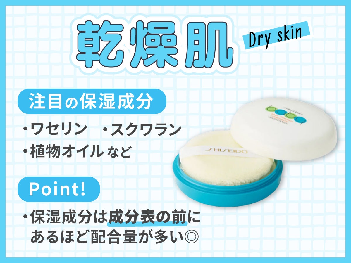 乾燥肌に注目の保湿成分はワセリン・スクワラン・植物オイルなどです。保湿成分は成分表の前にあるほど配合量が多い◎