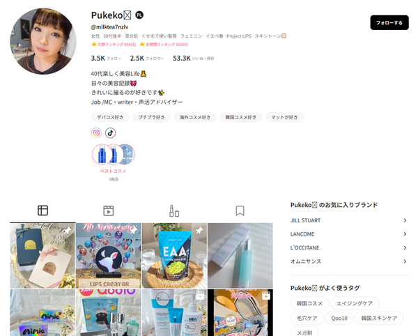 Pukekoさんのプロフィール画面