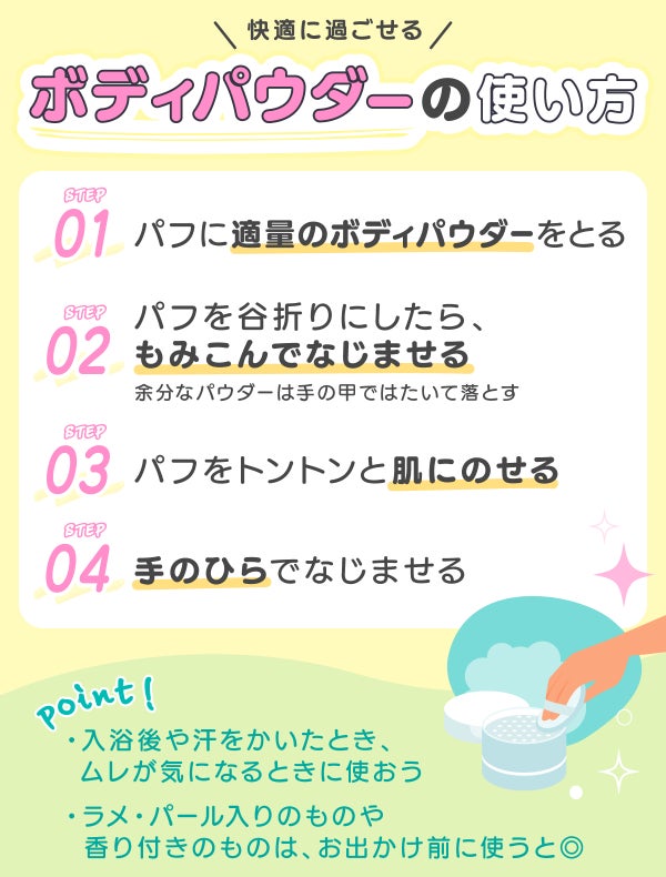 快適に過ごせるボディパウダーの使い方。パフに適量のボディパウダーをとる。パフを谷折りにしたら、もみこんでなじませる。余分なパウダーは手の甲ではたいて落とす。パフをトントンと肌にのせる。手のひらでなじませる。入浴後や汗をかいたとき、ムレが気になるときに使おう。ラメ・パール入りのものや香り付きのものは、お出かけ前に使うと◎