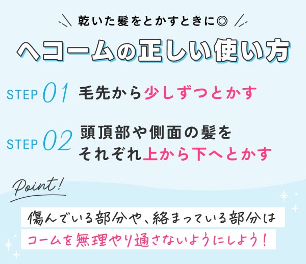 乾いた髪をとかすときに◎ヘアコームの正しい使い方。毛先から少しずつとかす。頭頂部や側面の髪をそれぞれ上から下へとかす。傷んでいる部分や、絡まっている部分はコームを無理やり通さないようにしよう!