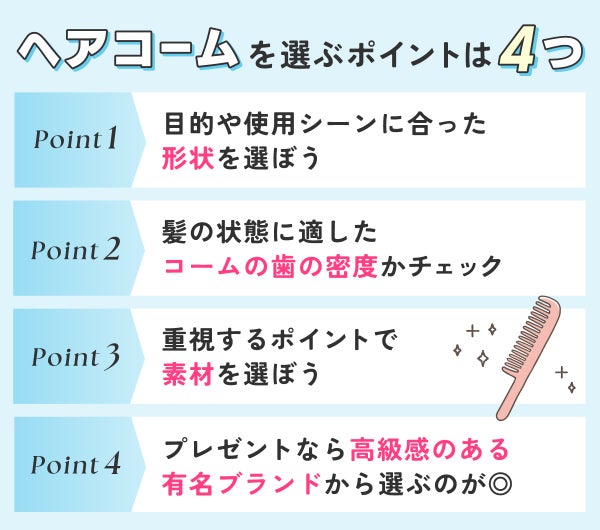ヘアコームを選ぶポイントは4つ。目的や使用シーンに合った形状を選ぼう。髪の状態に適したコームの歯の密度をチェック。重視するポイントで素材を選ぼう。プレゼントなら高級感のある有名ブランドから選ぶのが◎