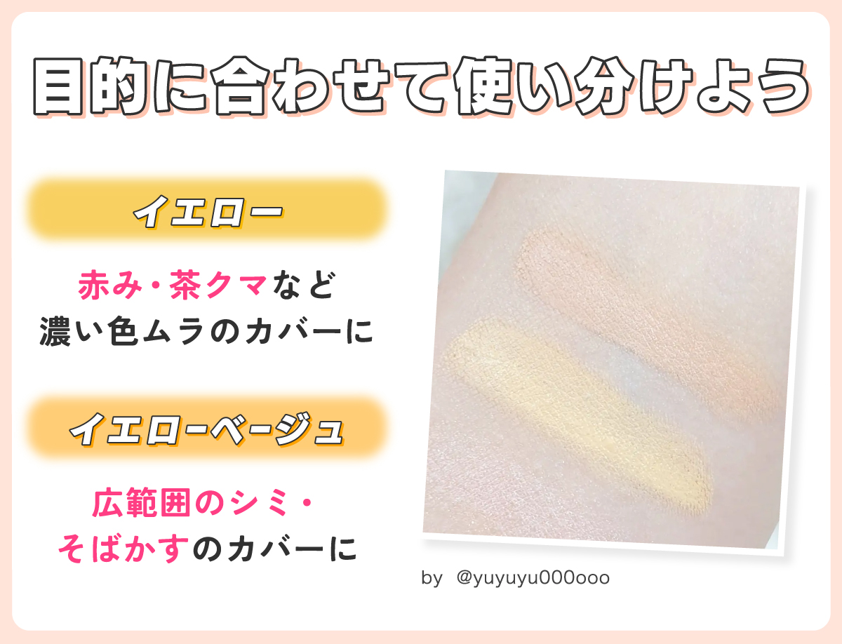 目的に合わせて使い分けよう。イエローは赤み・茶クマなど濃い色ムラのカバーに。イエローベージュは広範囲のシミ・そばかすのカバーに。