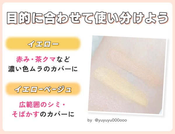 目的に合わせて使い分けよう。イエローは赤み・茶クマなど濃い色ムラのカバーに。イエローベージュは広範囲のシミ・そばかすのカバーに。