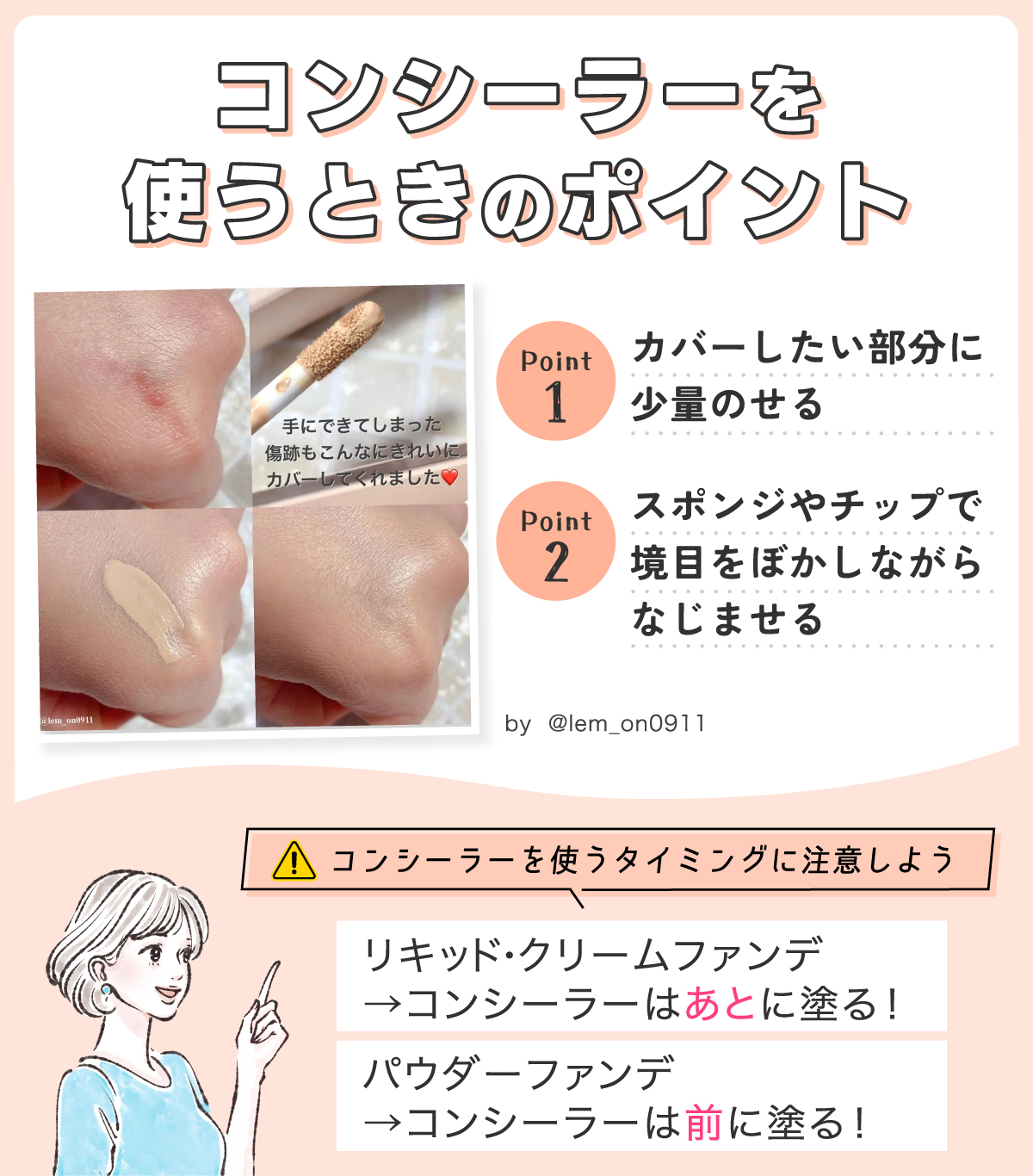 コンシーラーを使うときのポイント。カバーしたい部分に少量のせる。スポンジやチップで境目をぼかしながらなじませる。コンシーラーを使うタイミングに注意しよう。リキッド・クリームファンデ→コンシーラーはあとに塗る！ パウダーファンデ→コンシーラーは前に塗る！