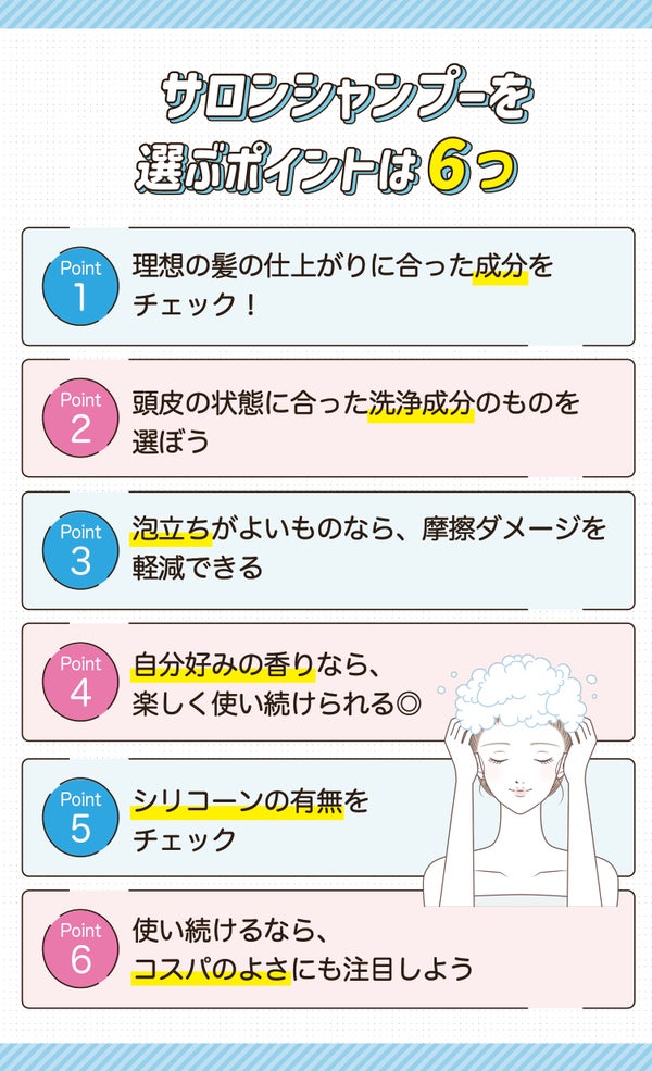 サロンシャンプーを選ぶポイントは6つ。理想の髪の仕上がりに合った成分をチェック!頭皮の状態に合った洗浄成分のものを選ぼう。泡立ちがよいものなら、摩擦ダメージを軽減できる。自分好みの香りなら、楽しく使い続けられる◎シリコーンの有無をチェック。使い続けるなら、コスパのよさにも注目しよう。