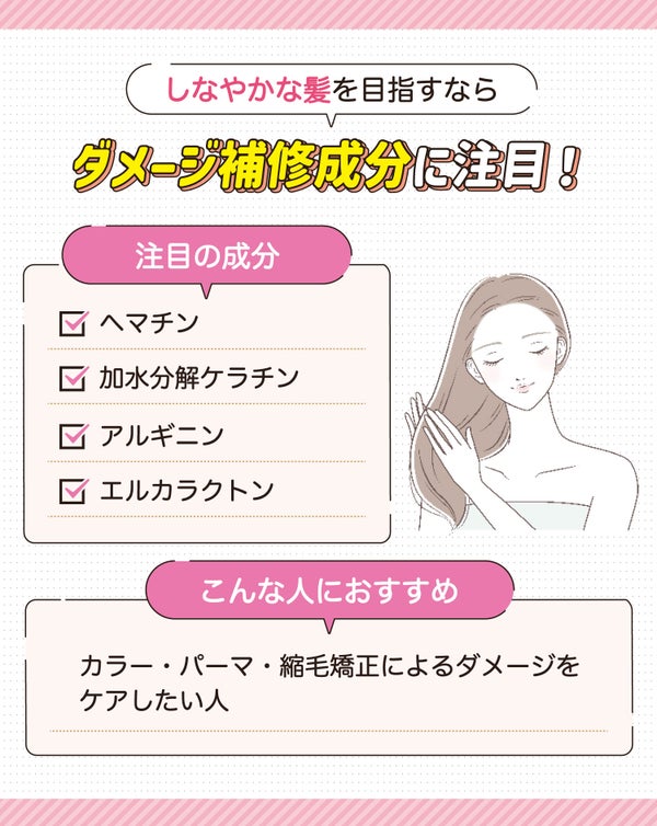 しなやかな髪を目指すならダメージ補修成分に注目!注目の成分はヘマチン・加水分解ケラチン・アルギニン・エルカラクトン。カラー・パーマ・縮毛矯正によるダメージをケアしたい人におすすめ。
