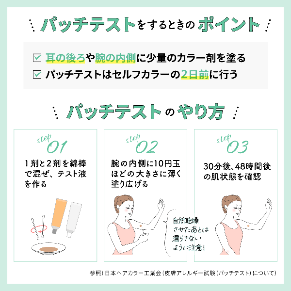 パッチテストをするときのポイント。耳の後ろや腕の内側に少量のカラー剤を塗る。パッチテスはセルフカラーの2日前に行う。パッチテストのやり方。1剤と2剤を綿棒で混ぜ、テスト液を作る。腕の内側に10円玉ほどの大きさに薄く塗り広げる。30分後、48時間後の肌状態を確認。参照:日本ヘアカラー工業会(皮膚アレルギー試験(パッチテスト)について)