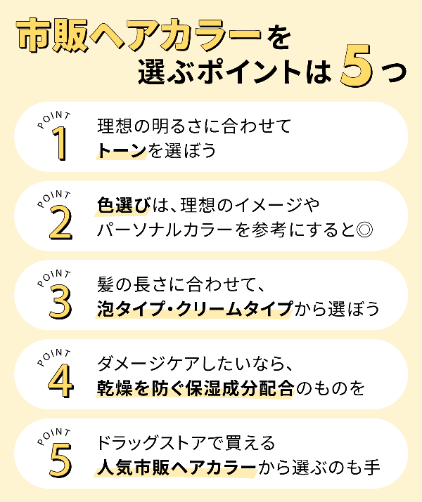 市販ヘアカラーを選ぶポイントは5つ。理想の明るさに合わせてトーンを選ぼう。色選びは、理想のイメージやパーソナルカラーを参考にすると◎髪の長さに合わせて、泡タイプ・クリームタイプから選ぼう。ダメージケアしたいなら、乾燥を防ぐ保湿成分配合のものを。ドラストで買える人気市販ヘアカラーから選ぶのも手。