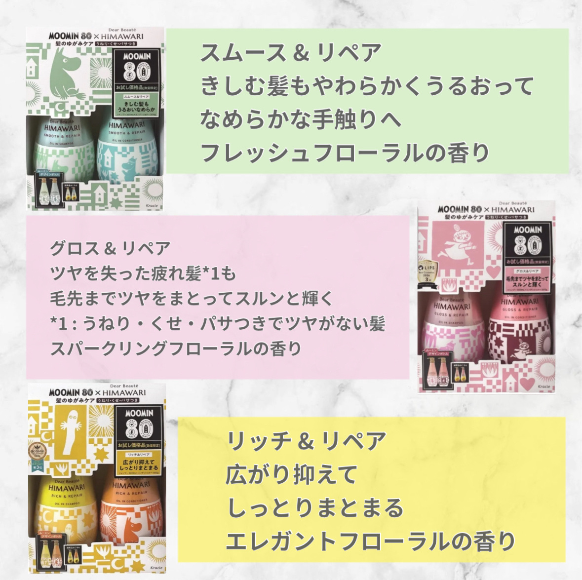 オイルインシャンプー／オイルインコンディショナー（スムース＆リペア） 「ムーミン」８０周年限定デザイン（500ｍL＋500ｇ）/ディアボーテ/市販シャンプーを使ったクチコミ（2枚目）