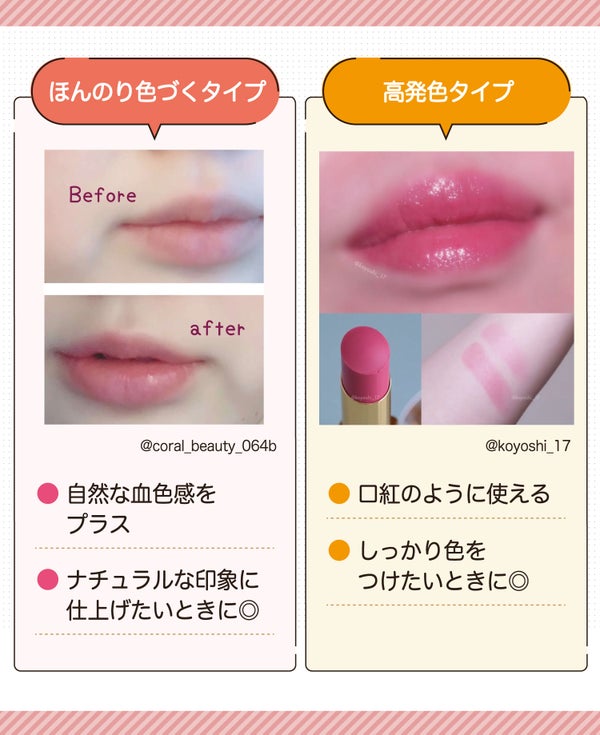 ほんのり色づくタイプは自然な血色感をプラスできナチュラルな印象に仕上げたいときに◎高発色タイプは口紅のように使えるのでしっかり色をつけたいときに◎