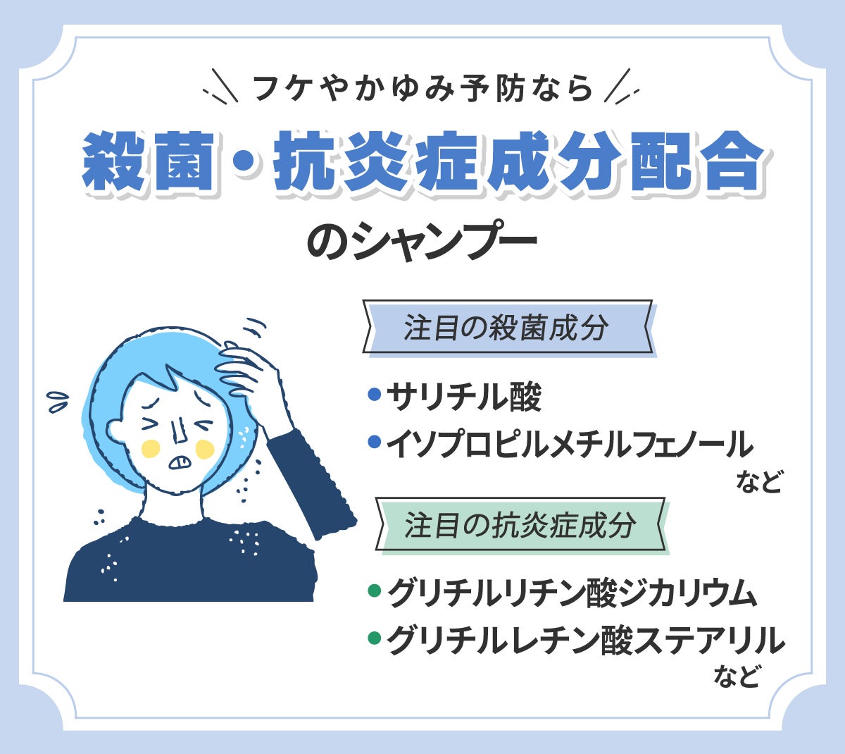 フケやかゆみ予防なら殺菌・抗炎症成分配合のシャンプー。注目の殺菌成分はサリチル酸・イソプロピルメチルフェノールなど。注目の抗炎症成分はグリチルリチン酸ジカリウム・グリチルレチン酸ステアリルなど。