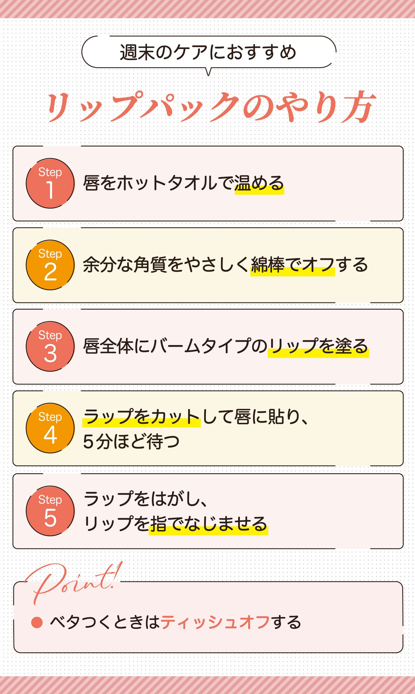 週末のケアにおすすめ。リップパックのやり方。唇をホットタオルで温め余分な角質をやさしく綿棒でオフする。唇全体にバームタイプのリップを塗る。ラップをカットして唇に貼り、5分ほど待つ。ラップをはがし、リップを指でなじませる。ベタつくときはティッシュオフする。