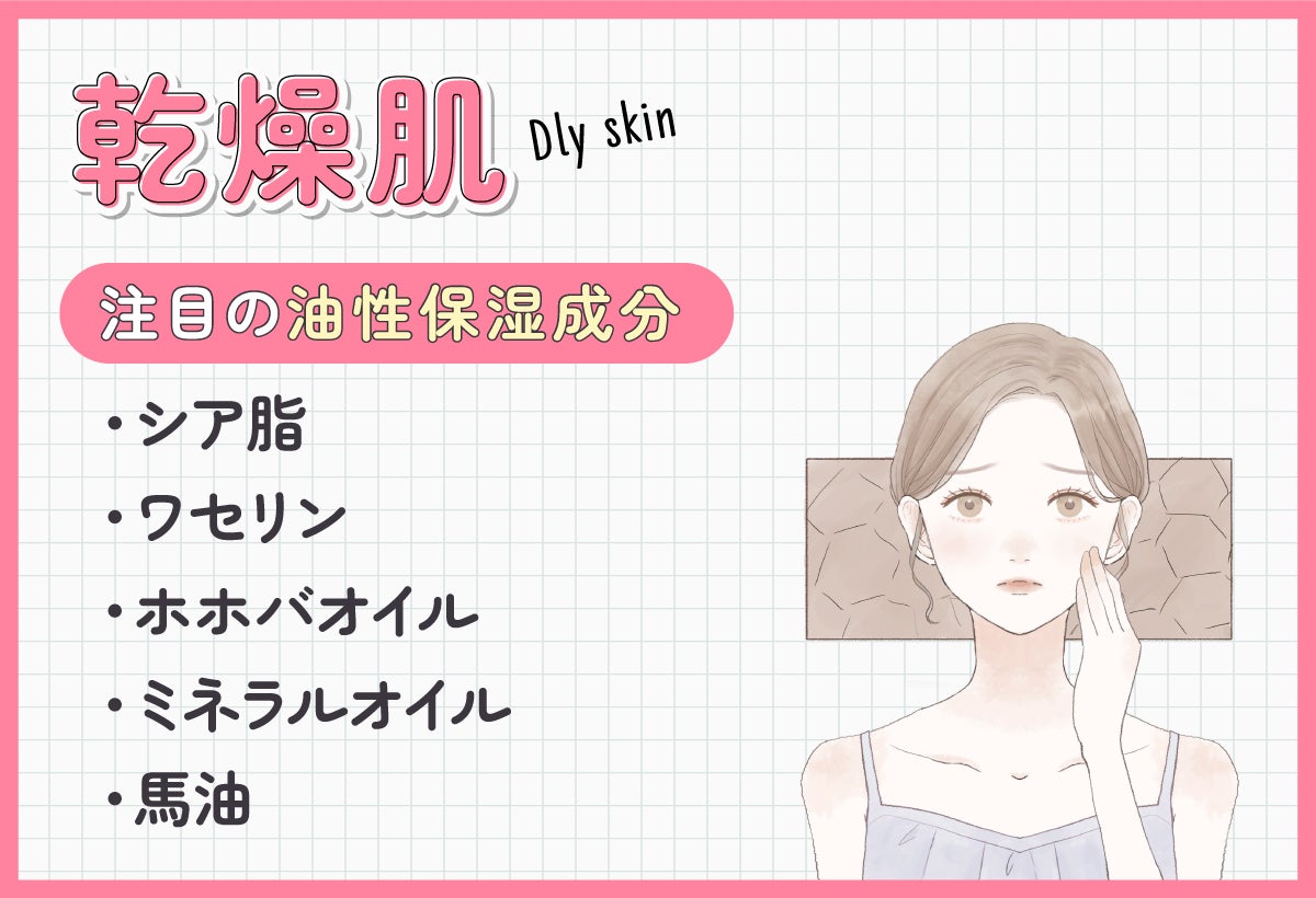 乾燥肌の注目の油性保湿成分はシア脂・ワセリン・ホホバオイル・ミネラルオイル・馬油。