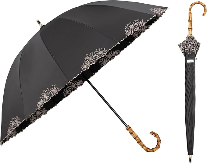 UVO(ウーボ)【12本骨/長傘】最強の日傘 ブラック（07:刺繍フラワー）
