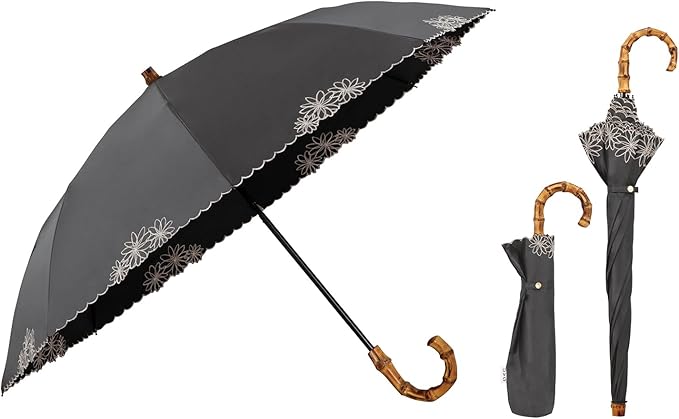 UVO(ウーボ)【2段/折りたたみ】最強の日傘 2段折 ブラック（10:刺繍フラワー）