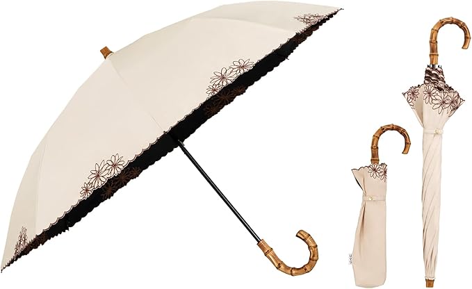UVO(ウーボ)【2段/折りたたみ】最強の日傘 2段折 ベージュ（10:刺繍フラワー）