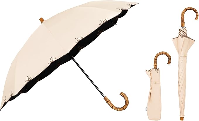 UVO(ウーボ)【2段/折りたたみ】最強の日傘 2段折 ベージュ（09:刺繍スカラップ）