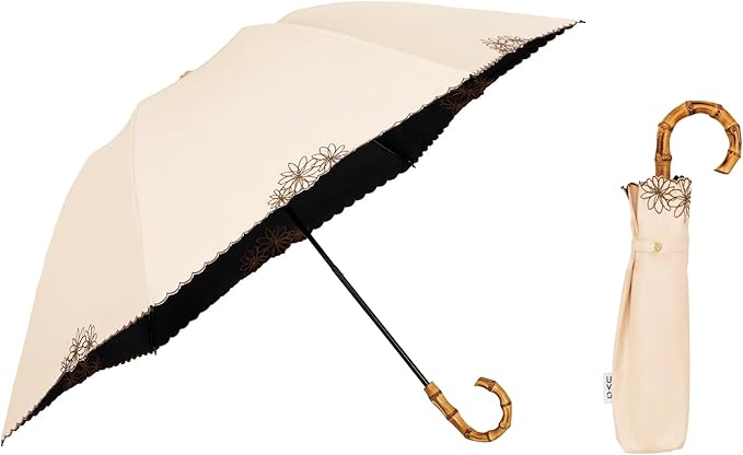 UVO(ウーボ)【3段/折りたたみ】最強の日傘 3段折  ベージュ（15:刺繍フラワー）