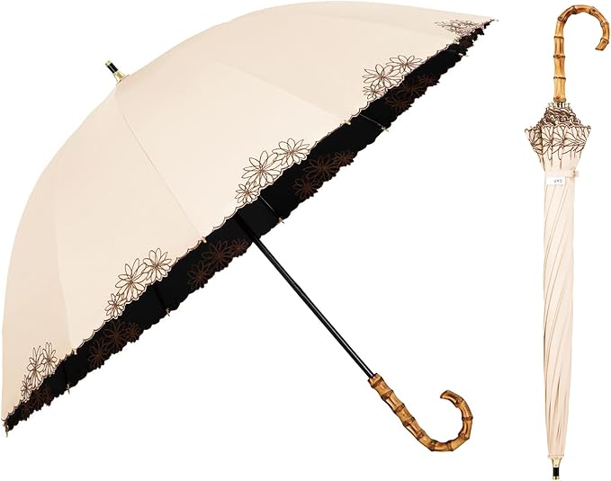 UVO(ウーボ)【12本骨/長傘】最強の日傘 ベージュ（07:刺繍フラワー）
