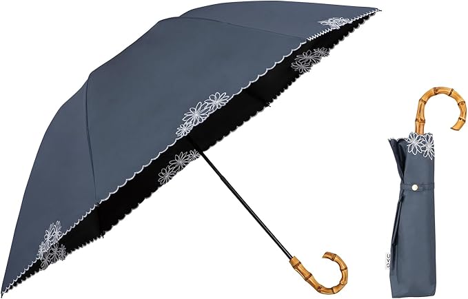 UVO(ウーボ)【3段/折りたたみ】最強の日傘 3段折  ブルーグレー（15:刺繍フラワー）