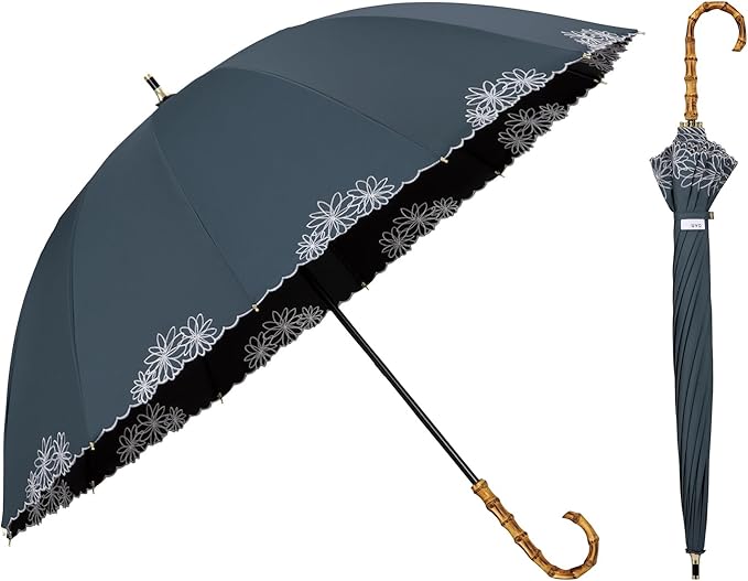 UVO(ウーボ)【12本骨/長傘】最強の日傘 ブルーグレー（07:刺繍フラワー）