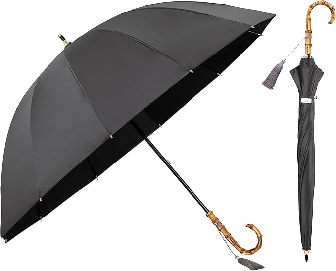 UVO(ウーボ)【12本骨/長傘】最強の日傘 ブラック（06:無地タッセル）