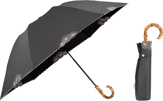 UVO(ウーボ)【3段/折りたたみ】最強の日傘 3段折  ブラック（15:刺繍フラワー）
