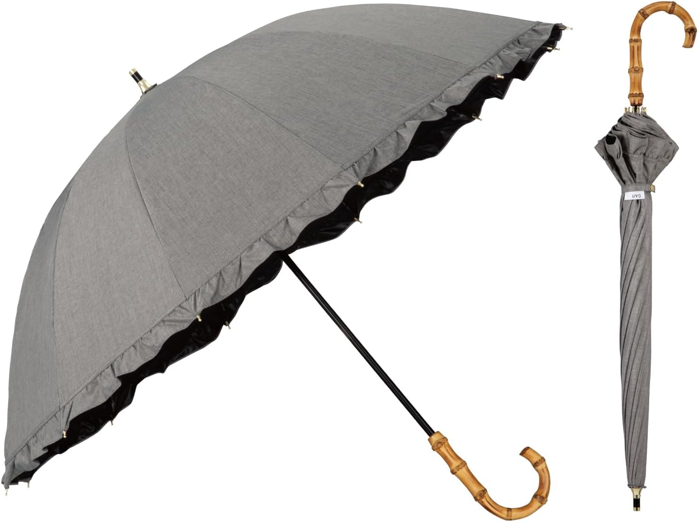 UVO(ウーボ)【12本骨/長傘】最強の日傘 グレー（24:フリル）