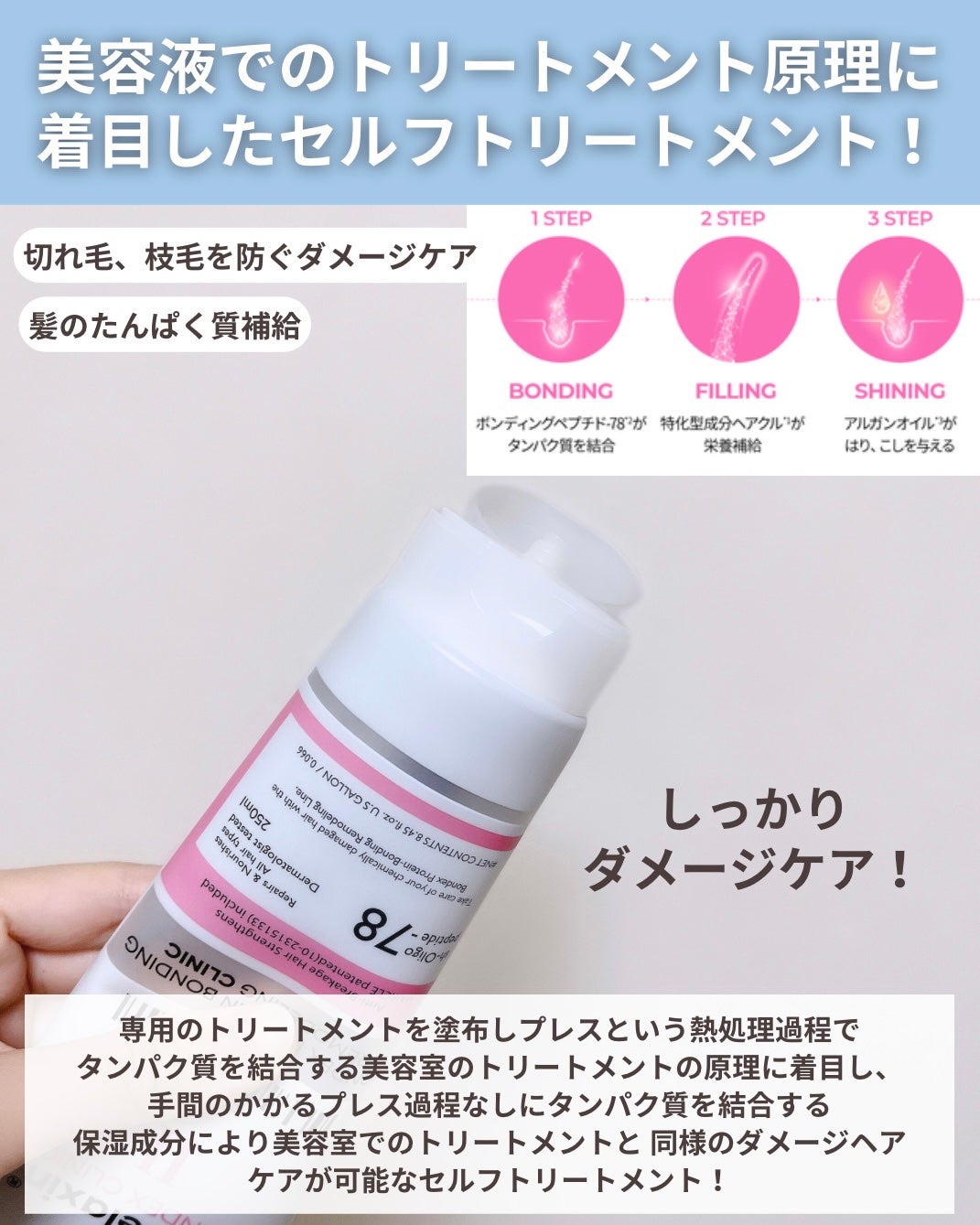 ボンデックス タンパク質結合リモデリングトリートメント/Dr.Melaxin/洗い流すヘアトリートメントを使ったクチコミ(3枚目)