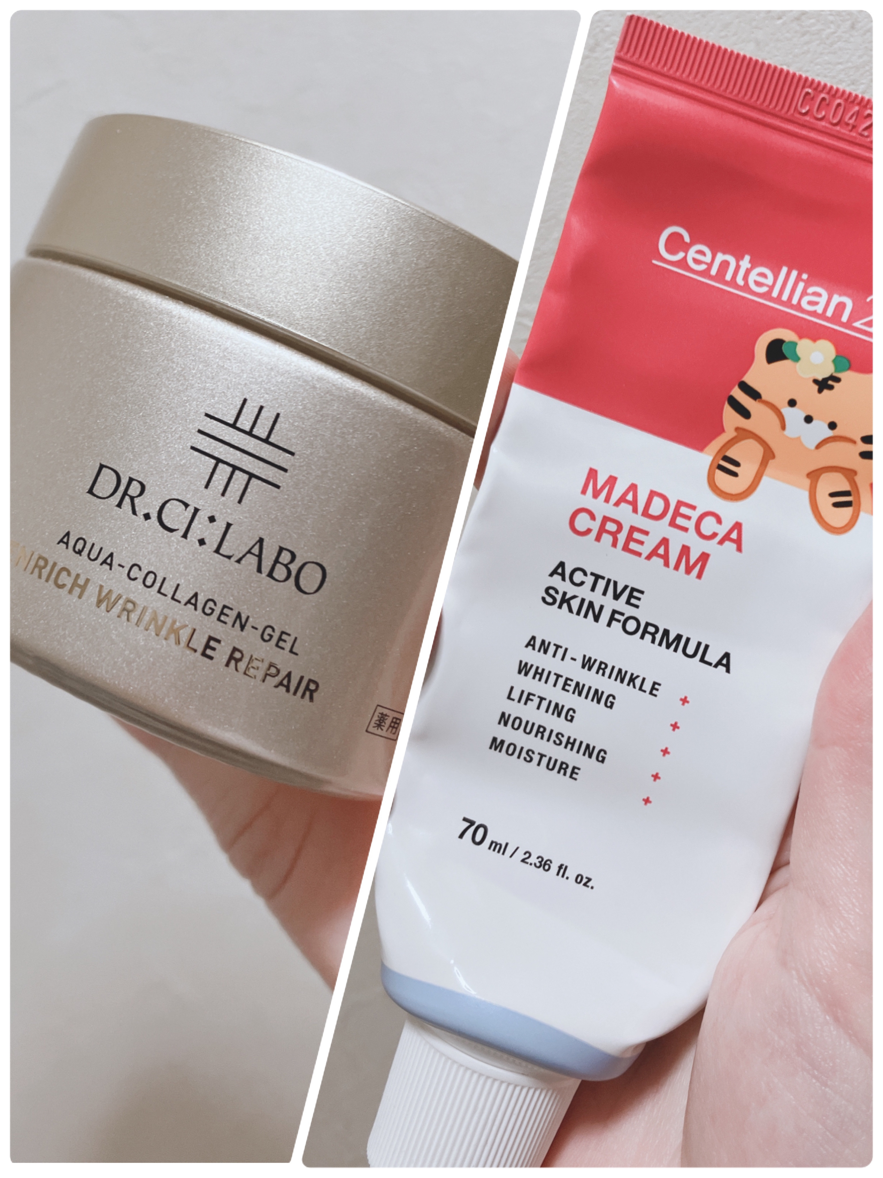 #使い切りレビュー 
どちらもいただきもの🙇‍♀️

ドクターシーラボは、オールインワンとしても使用できますが、私は夜のスキンケアの最後の工程で使用！
ゲルテクスチャーで肌なじみが良く
使用後は、もちっと保湿される使用感が◎

マデカクリ