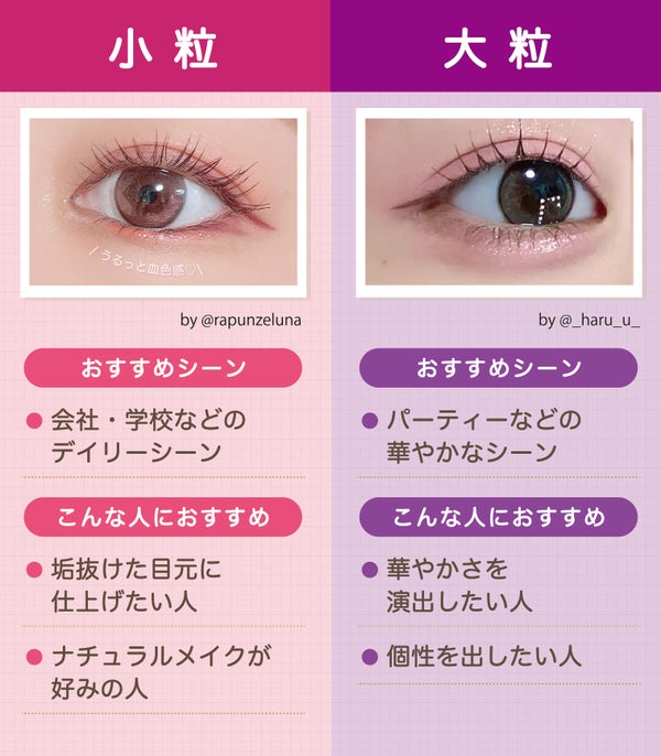小粒は会社・学校などのデイリーシーンにおすすめ。垢抜けた目元に仕上げたい人やナチュラルメイクが好みの人におすすめ。大粒はパーティーなどの華やかなシーンにおすすめ。華やかさを演出したい人や個性を出したい人におすすめ。