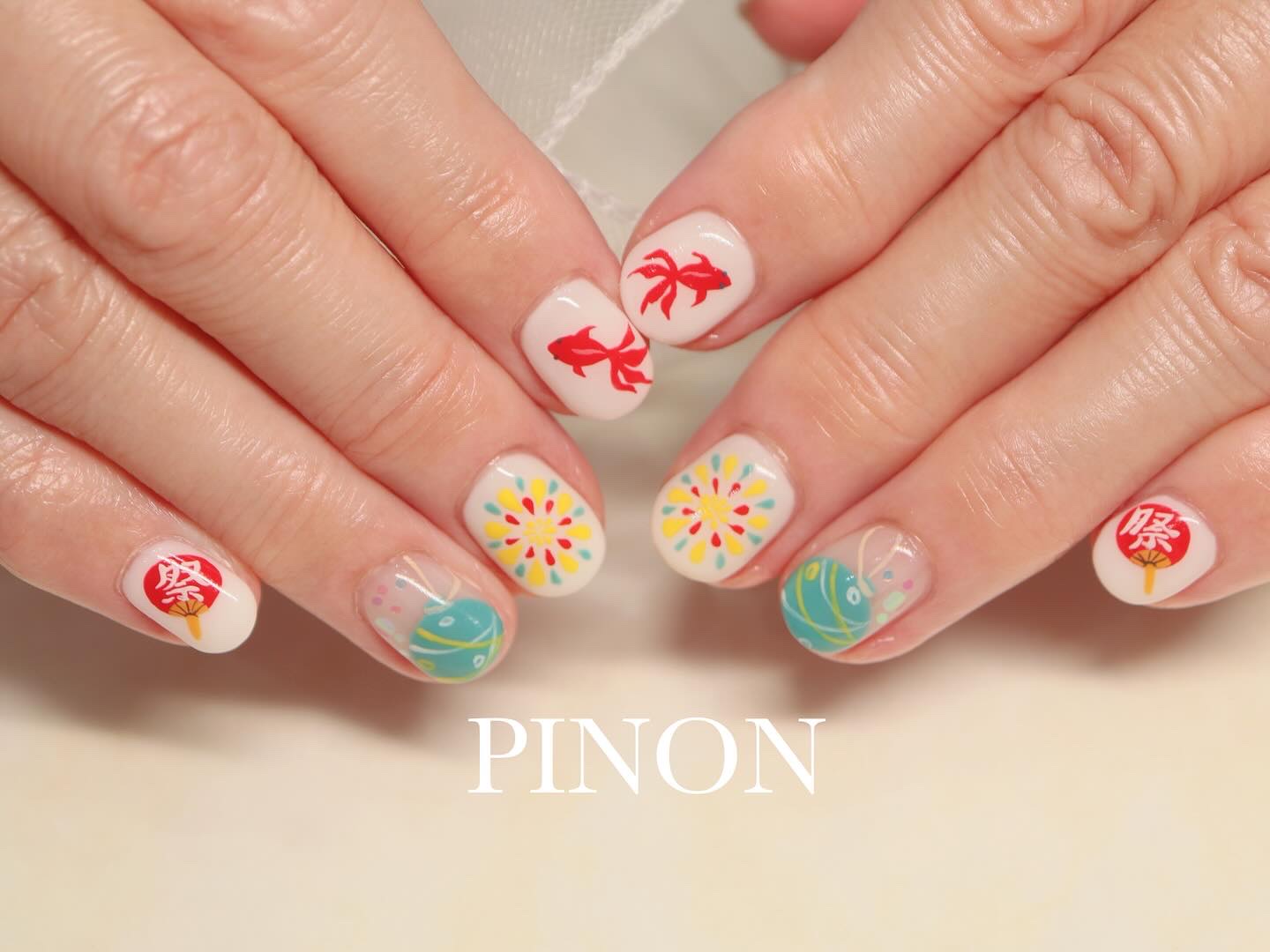 #夏ネイル,#夏祭りネイル,#かき氷ネイル,#手描きネイルのネイルデザイン