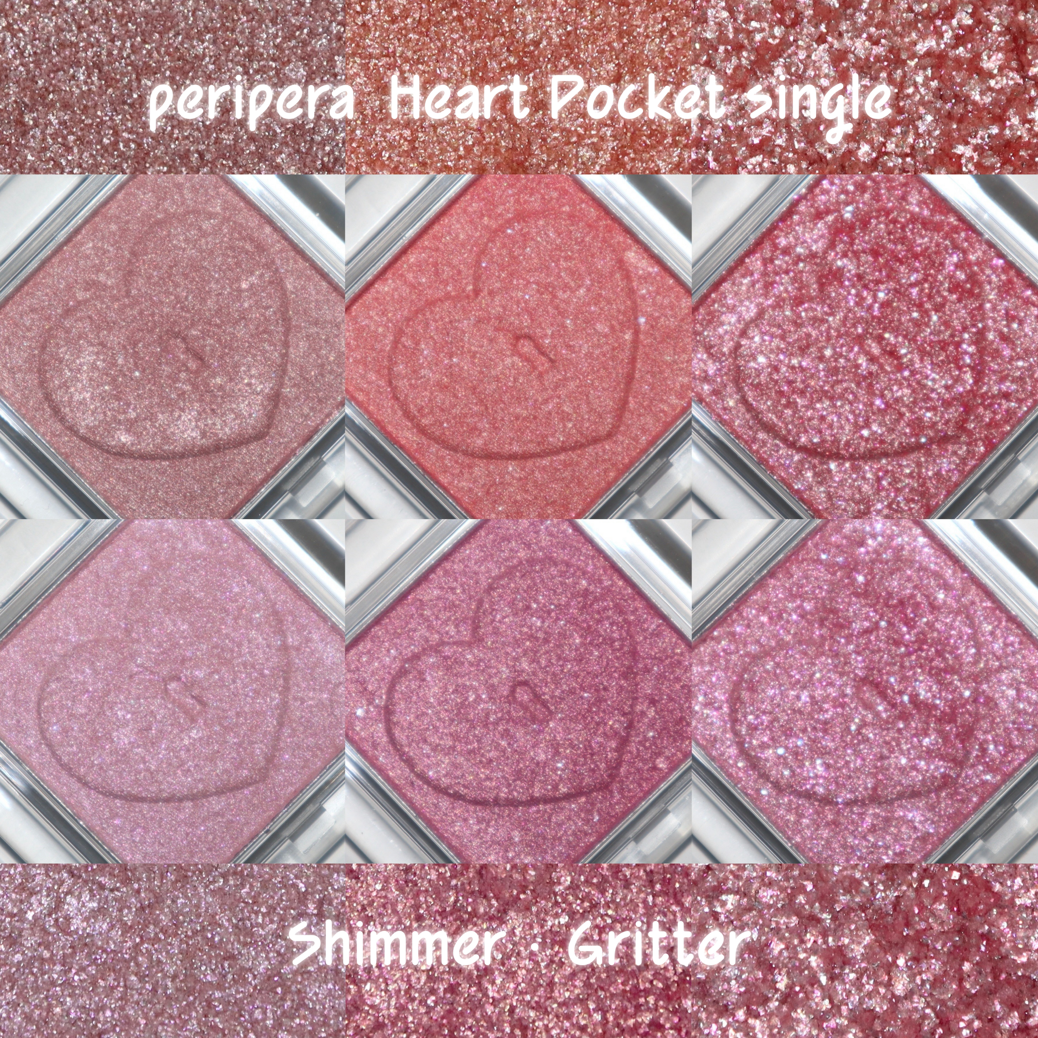 \アイシャドウの質感が鮮明にわかるズーム撮影/
［peripera ハートポケットシングル シマー・グリッター］

アイシャドウに極限まで近づいてみると、普段肉眼じゃ見えないパールやグリッターの色味や形まで鮮明に見えて綺麗だったので共有しま