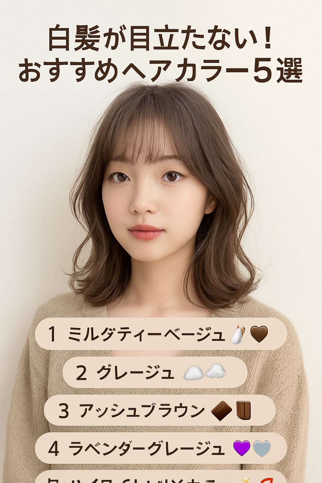 ✨白髪が目立たない！おすすめヘアカラー5選✨

① ミルクティーベージュ 🍼🤎

柔らかく透明感のある色味で、白髪がふんわり馴染む！
明るめでも上品な印象に✨

⸻

② グレージュ 🩶☁️

グレー＋ベージュで、大人っぽさと抜け感を