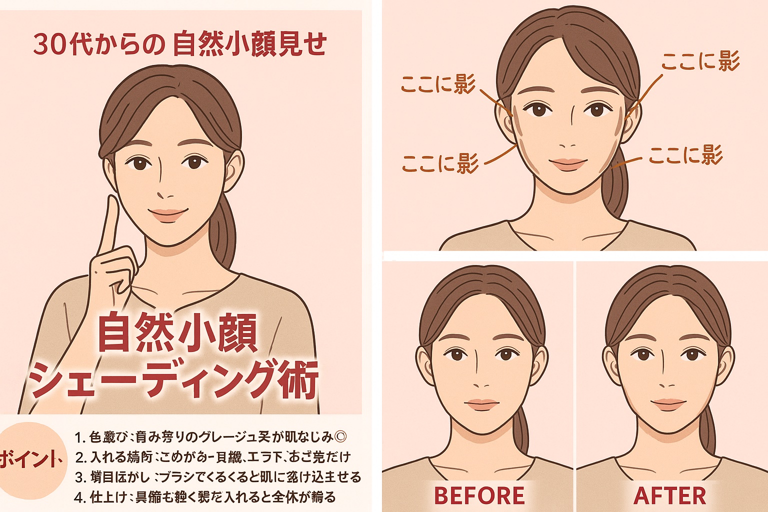 30代からの自然小顔見せ✨“やりすぎ感ゼロ”シェーディング術

年齢を重ねるとフェイスラインや輪郭がぼやけがち…
そこで私が最近ハマっているのが、自然に影を仕込む小顔シェーディング！

💡ポイント

	1.	色選び：黄み寄りのグレージュ系