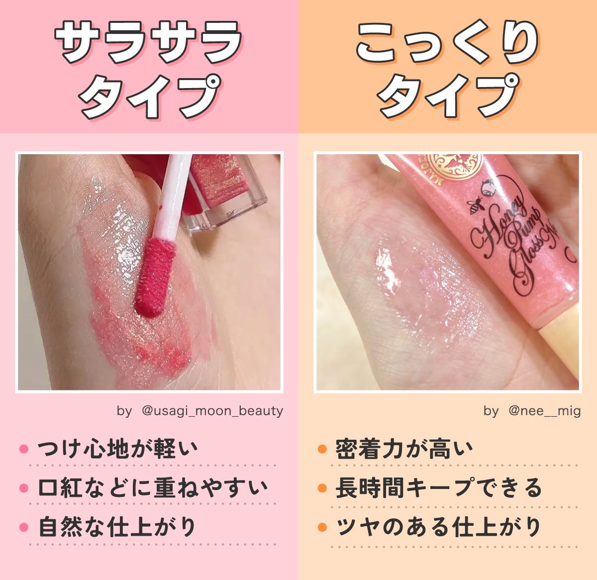 サラサラタイプはつけ心地が軽く口紅などに重ねやすく自然な仕上がり。こっくりタイプは密着力が高く長時間キープできツヤのある仕上がり。