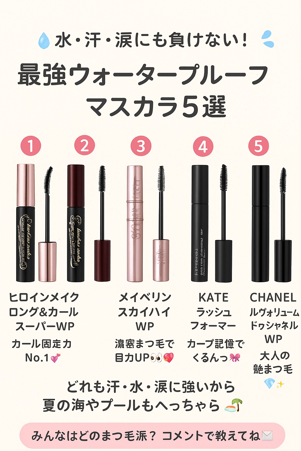 💧水・汗・涙にも負けない！
🌊**#最強ウォータープルーフマスカラ5選**🌊

1️⃣ ヒロインメイク ロング&カール スーパーWP
　カール固定力No.1💕長時間キープ✨

ヒロインメイク ロングUP スーパーWP
　濃密まつ毛で