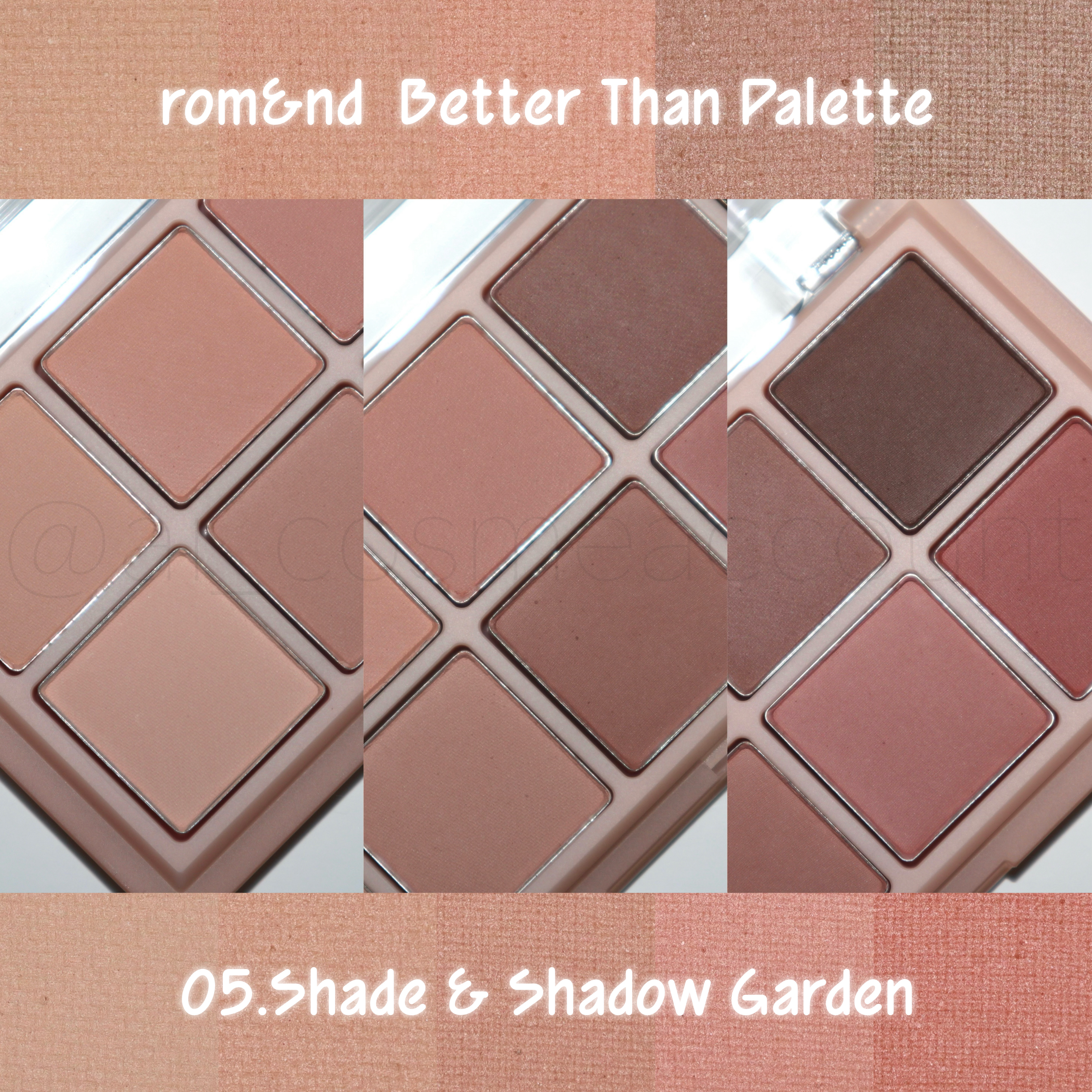 ［rom&nd ベターザンパレット 05.シェードアンドシャドウガーデン］

フラッシュ撮影(光を当てて撮る)とマットの微妙な色の違いがわかりやすく撮れたので、購入時の参考になれば嬉しいなと思い投稿します。

① ② ③ ④ ⑤
⑥ ⑦ ⑧