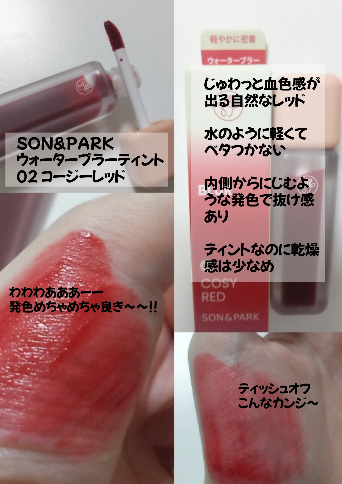 Arti Water Blur Tint #02 Cosy Red/SON&PARK/口紅を使ったクチコミ（1枚目）