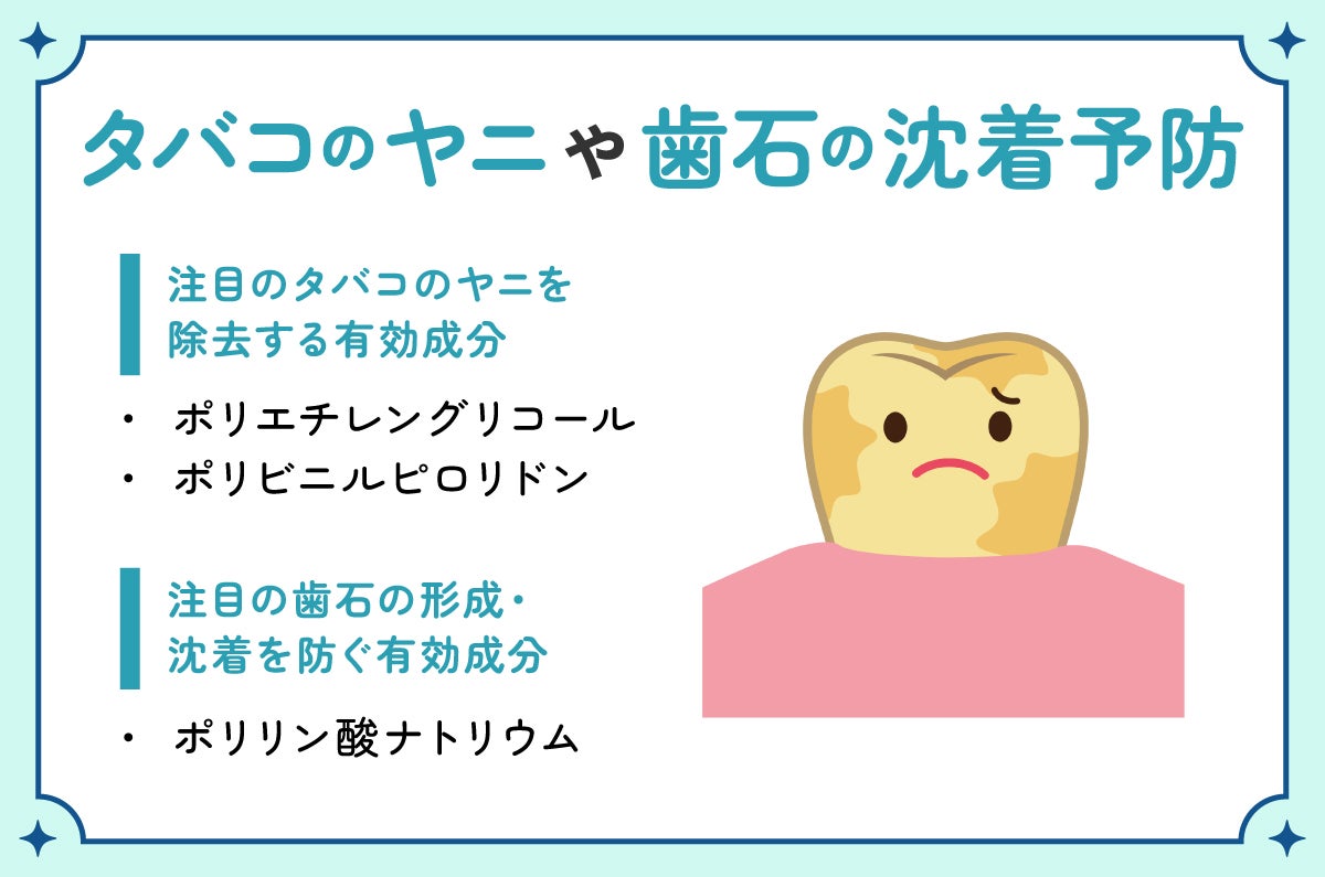 タバコのヤニや歯石の沈着予防。注目のタバコのヤニを除去する有効成分はポリエチレングリコール・ポリビニルピロリドン。注目の歯石の形成・沈着を防ぐ有効成分のポリリン酸ナトリウム。