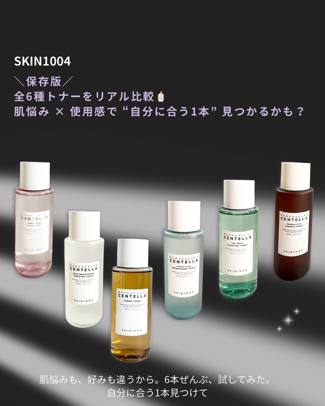 SKIN1004のトナー6本、ぜんぶ試した人です🙋‍♀️

推しはあるけど、正直どれも良かったからリアルに比較まとめました🫧

・とにかく肌が揺らいでる → CENTELLA 
・乾燥肌でツヤ命 → HYALU-CICA 
・朝トナーは
