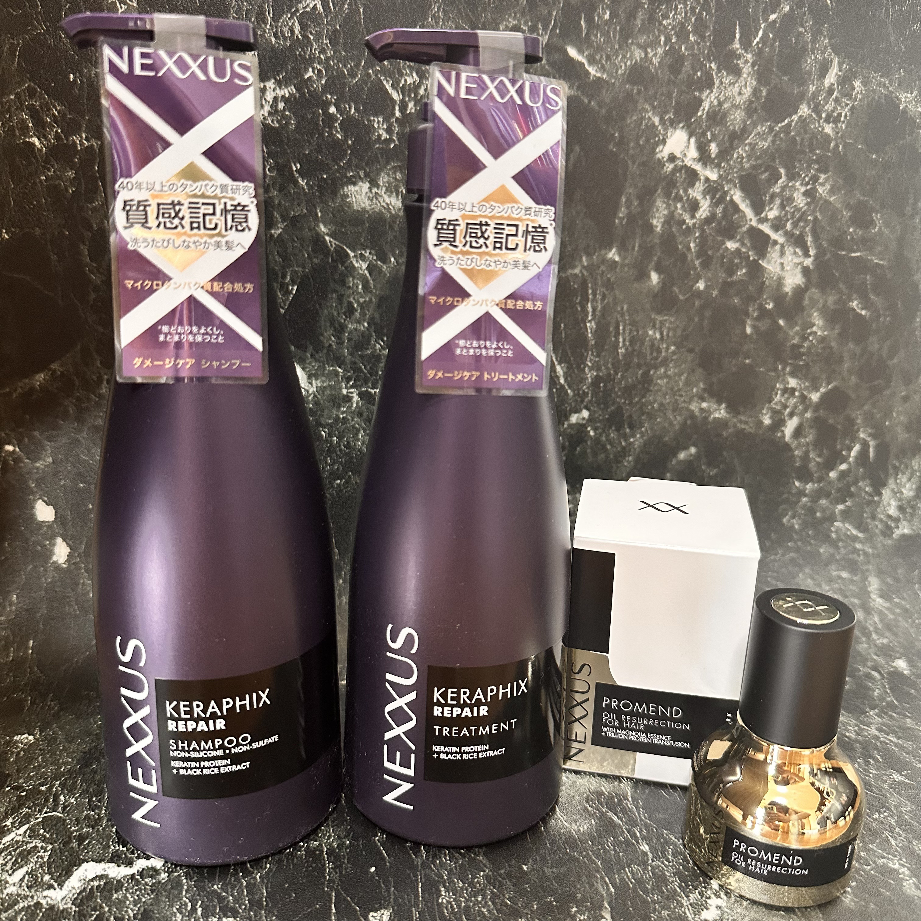 LIPSさまのキャンペーンでNEXXUS
ケラフィックスリペア
シャンプー・トリートメント
プロメンド　オイルリザレクション
ヘアオイルいただきました💜🫧

ジャスミンとアンバーの上質な香りは
甘めでバニラやココナッツみたいな感じで
強