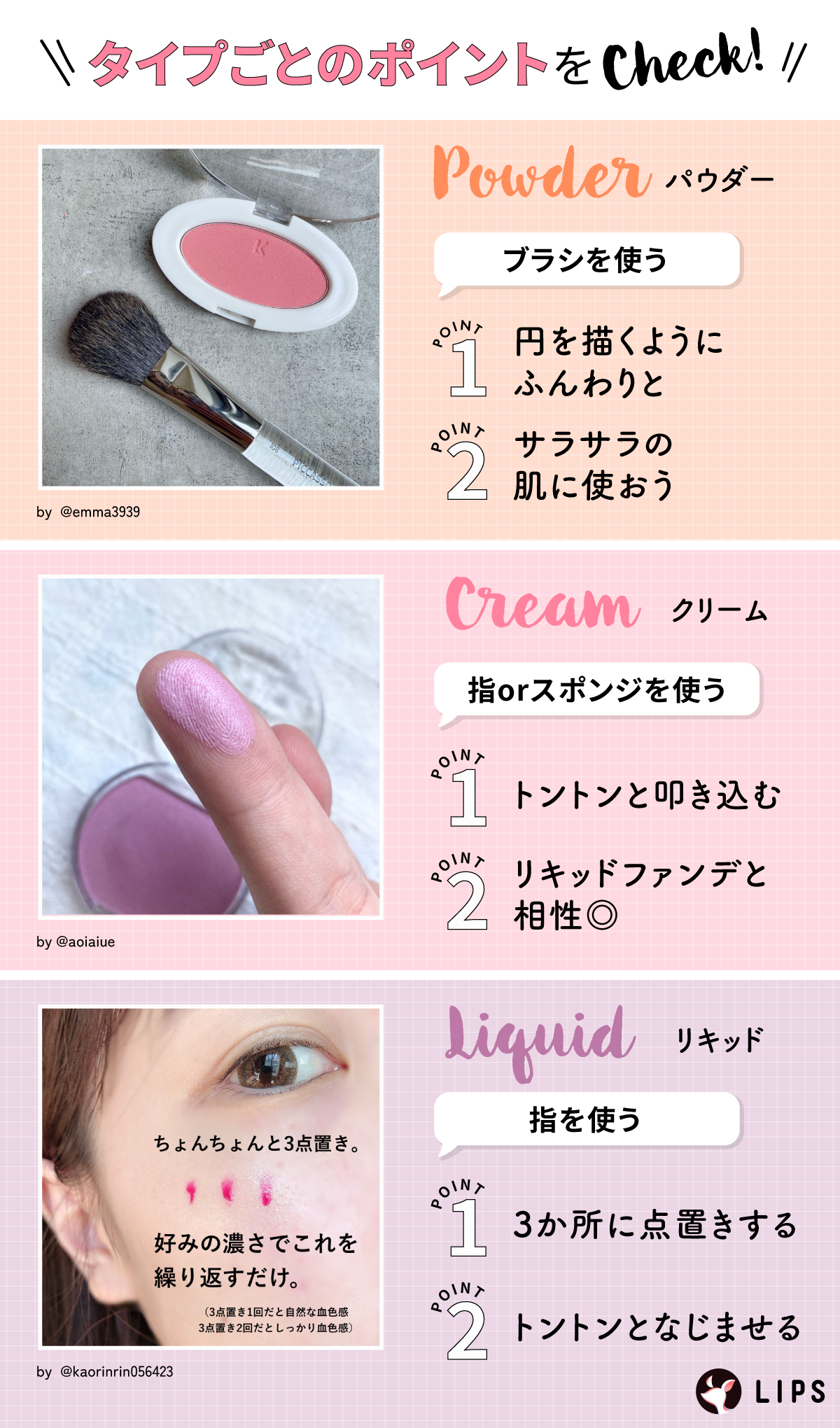 タイプごとのポイントをチェック！パウダーはブラシを使って円を描くようにふんわりと。サラサラの肌に使おう。クリームは指かスポンジを使ってトントンと叩き込む。リキッドファンデと相性◎リキッドは指を使って3か所に点置きし、トントンとなじませる。