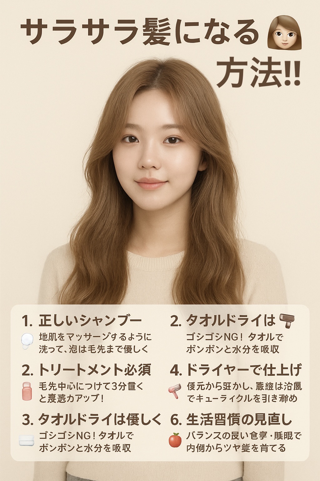 サラサラ髪になる方法💇‍♀️✨
	1.	正しいシャンプー🫧
　地肌をマッサージするように洗って、泡は毛先まで優しく。
	2.	トリートメント必須🧴💖
　毛先中心につけて3分置くと浸透力アップ！
	3.	タオルドライは優しく🪞
　ゴ