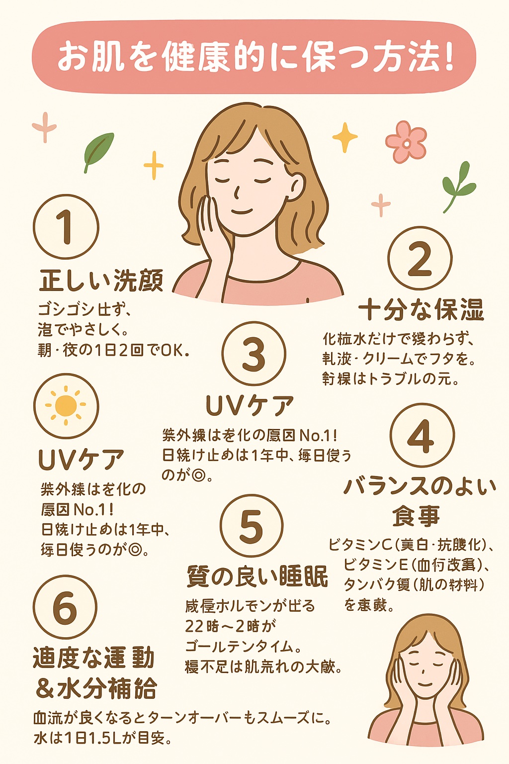💆‍♀️ お肌を健康に保つ基本習慣

	1.	正しい洗顔🧼🫧
　ゴシゴシせず、泡でやさしく。朝・夜の1日2回でOK。

	2.	十分な保湿🧴
　化粧水だけで終わらず、乳液・クリームでフタを。乾燥はトラブルの元。

	3.	UVケア☀