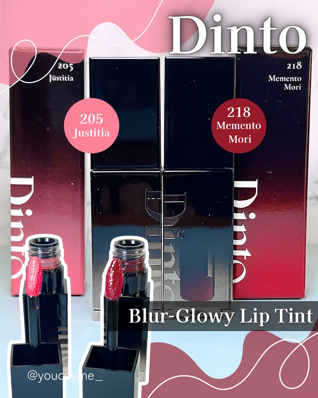 ⭐︎
Dintoさまからいただきました💄

最近のお気に入りリップ、優秀すぎたのでシェア！
Dintoブラーグローイリップティント👄

今回提供いただいたのはこの２色💭
205 ユスティティア
上品でデイリー使いにぴったりなカラー🩷