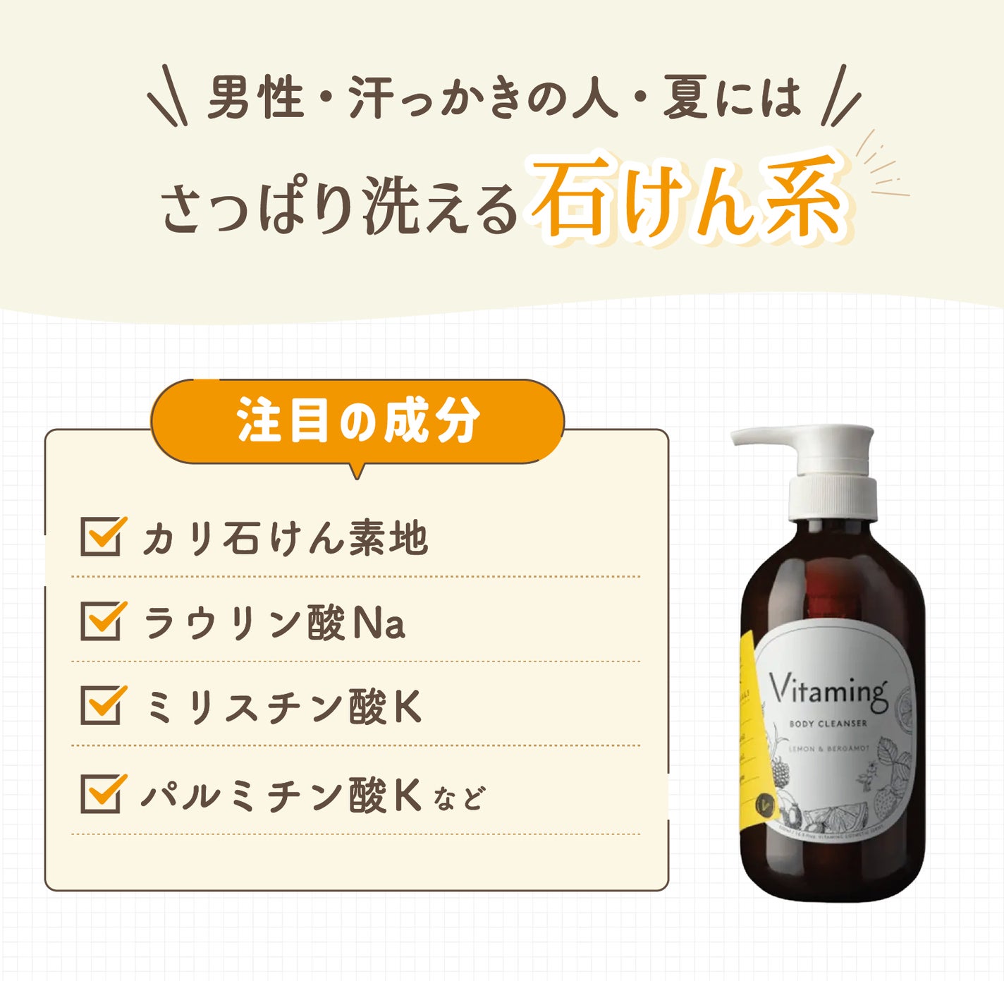 男性・汗っかきの人・夏にはさっぱり洗える石けん系。注目の成分はカリ石けん素地・ラウリン酸Na・ミリスチン酸K・パルチミン酸Kなど。