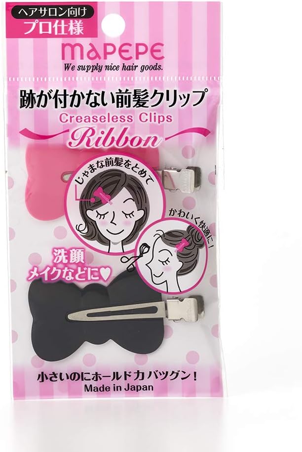 跡が付かない前髪クリップ Ribbon PK&BK